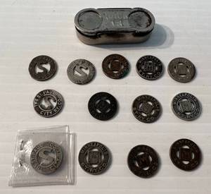 lot 143 image: Vintage Guick Fare Token Holder With Vintage Minneapolis And St. Paul Tokens