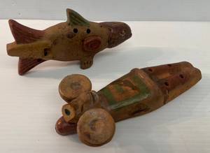 lot 155 image: Two Vintage Mexican Folk Art Ceramic Clay Flutes Musical Instruments Mayan Design 1 Fish No Issues  1 Figural (Has Cracks And Chips)
