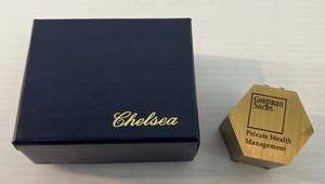lot 203 image: Vintage Brass Chelsea Box Clock Paperweight Goldman Sachs Advertisment Heavy Brass