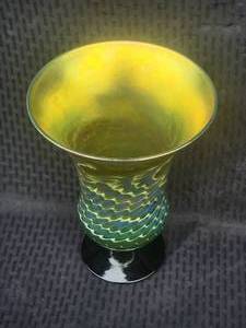 lot 1 image: Lundberg Studio Art Glass Iridescent Swirl Footed Base, signed