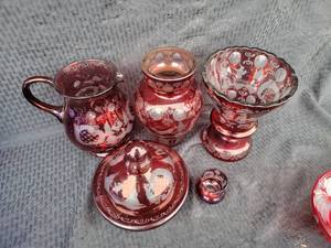 lot 117 image: Bohemian Ruby Red Etched to Clear Crystal Pitcher, Vases, Pitcher & Covered Cheese Server plus Toothpick Holder
