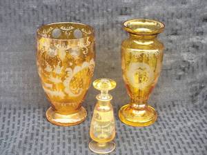 lot 113 image: Bohemian Amber Cut to Clear Glass Vases & Scent Bottle
