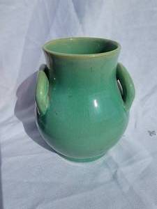 lot 69E image: Vintage Zanesville Pottery Green Glaze Double Handle Vase