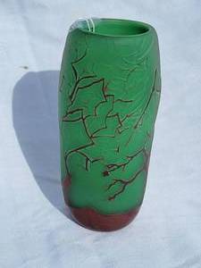 lot 129 image: Minds Eye Studio Art Glass Vase  Green with Brown Foliage, signed