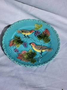 lot 142D image: Zell Vintage Turquoise German Majolica Plate Birds & Grapes plus Ceramic Floral Vase