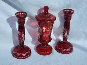 lot 117A image: Bohemian Ruby Red Etched to Clear Crystal Candlesticks & Covered Compote