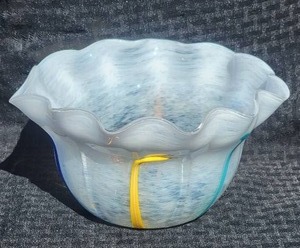 lot 154 image: Vintage Studio Art Glass Bowl - White  Yellow  Blue