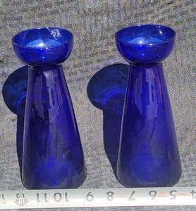 lot 25B image: Hadeland Studio Art Glass Candlesticks 1966 - Pair - Cobalt