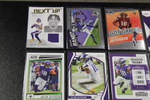 Justin Jefferson Football Card Lot  20 Different Cards w 2020 Playbook Next Up Jersey Relic Rookie Card