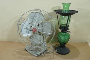Antique General Electric Metal Fan with Modern Oil Lantern