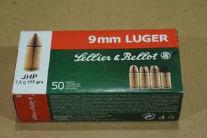 lot 72 image: 50 Sellier & Bellot 9mm Luger 115 Gr JHP Ammo