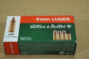 lot 73 image: 50 Sellier & Bellot 9mm Luger 115 Gr JHP Ammo