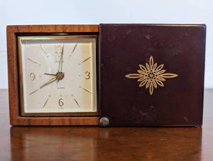lot 258 image: Vintage Travel Alarm Clock In Wood Case