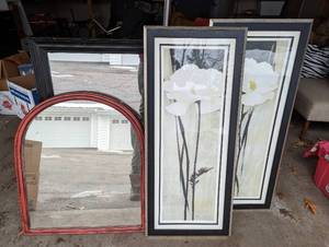 Two Wall Hanging Mirrors and a Set of Floral Framed Artwork