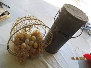 lot 278 image: Antique Metal egg basket with hay a...