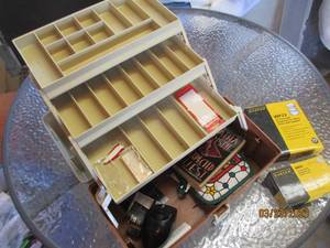 lot 256 image: Plastic Plano tackle box with porce...