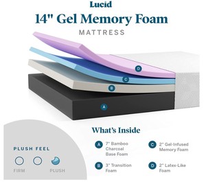 lot 11 image: Lucid 14 inch Gel Infused Hypoallergenic King Size Plush Memory Foam Mattress