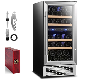 lot 43 image: VINERIE Elegant 15 Inch Wine Cooler Refrigerators, 30 Bottle Dual Zone Built-in or Freestanding Fridge with Upgrade Compressor & Tempered Glass Door, 41F-73F Digital Temperature Control