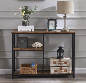 lot 50 image: UnaFurni Industrial Console Sofa Table with Storage Shelves, 3 Tier EntrywayHallway Table with Metal Frame, 39 Inch Long Narrow Foyer Table for Living Room, Rustic Brown