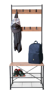 lot 57 image: ZENVIDA HALL TREE ENTRYWAY BENCH SHOE STORAGE COAT RACK SHELVES METAL FRAME WOOD