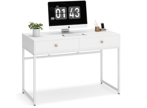 lot 63 image: Tribesigns Computer Desk, Modern Simple 47 inch Home Office Desk Study Table Writing Desk with 2 Storage Drawers, Makeup Vanity Console Table White
