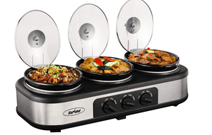 lot 78 image: Sunvivi Slow Cooker, Triple Slow Cooker Buffet Server 3 Pot Food Warmer, 3-Section 1.5-Quart Oval Slow Cooker Buffet Food Warmer