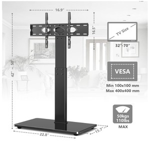 lot 92 image: Universal Black Tempered Glass Base Floor TV Stand with Swivel Height Adjustable Mount for 32-70 In. Plasme LCD LED OLED Flat or Curved Screen TVs
