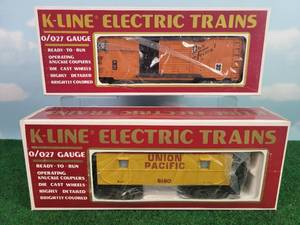 lot 555 image: (2) K-Line OO27 Scale Freight Rail Cars FRISCO Classic Box Car & Union Pacific Lighted Caboose