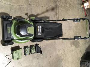 Green Machine  62V Brushless 22 in. Electric Cordless Battery Self- Propelled Lawn Mower with 2 4.0 Ah Batteries and Charger  Customer returns Review all pictures