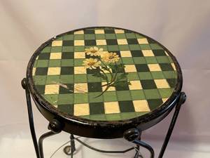 lot 54 image: Metal Accent Stool With Floral Wooden Top and Glass Shelf