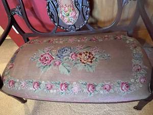 lot 70 image: Vintage Ornate Wooden Loveseat with Embroidered Upholstered Seat