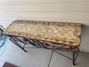 lot 78 image: Ornate Metal Patio Table with Mosaic Top