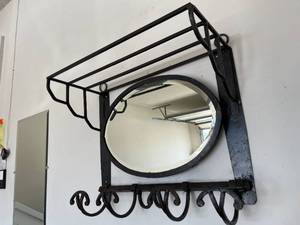 lot 187 image: Vintage Metal Wall Mount Shelf  Coat Hanger With Mirror