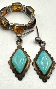 lot 149 image: Pair of Sterling and Turquoise Earrings and Jointed Amber Ring