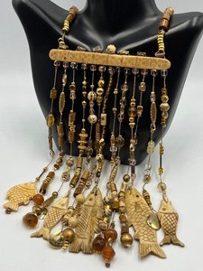 lot 211 image: Unique and Stunning Artisan Created Bone Fish and Gold Coral Beaded Necklace