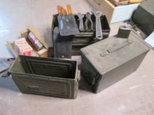 3 Ammo boxes with tools and vintage...