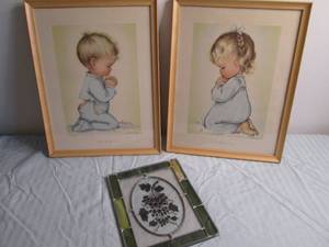 Framed prints and a stained glass p...