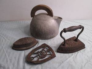 Cast aluminum pot and sad irons...