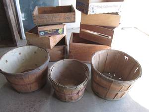 Lot of wood crates and baskets and ...