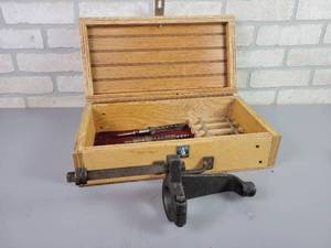 lot 523 image: Mortising Kit for Drill Press - Includes 12 - 38 - 14 Bits and wood Case