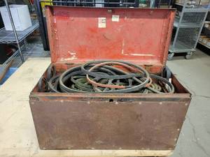 lot 591 image: Large Steel Toolbox Full of Belts - Approx. 26 x 15 x 12 - NO SHIPPING