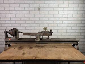 lot 599 image: Antique 48 Cast Iron Wood Lathe - Wood Pulley - NO SHIPPING