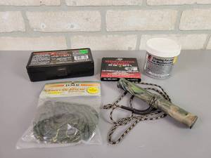 lot 645 image: (91) .50 Cal Muzzleloader Pre-Formed Pellets, (34) Primers, Cleaning Patches, Gun & Bow Lift Cord and Flextone Game Call