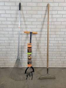 lot 680 image: (2) Rakes and a NEW Fiskars Hand Tiller - NO SHIPPING