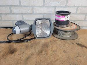 lot 691 image: Cooper MS100PG Motion floodlight, 3 PlumbQwik Coupler, Safety Cone and Spool of Vinyl Coated Cable