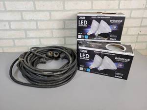 lot 759 image: Heavy Duty String Light w (6) NEW 1000W LED Dimmable Flood Bulbs
