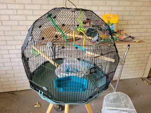 lot 531A image: OMLET Teal and Black Geo Bird Cage, Food, Toys, Treats, Accessories  Bonus Cage