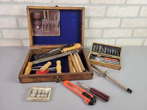 lot 519 image: Vintage Woodworkers Wood Carving Kit, Dowel Centers Kit and More
