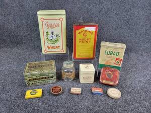 lot 181 image: Lot of Antique & Vintage Tins and Containers - Curad, Tobacco, Watkins, and More