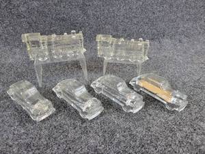 lot 189 image: Lot of (6) 1930s Vintage Victory Glass Miniature Streamline Auto and Railroad Engine Candy Containers in Cigar Box
